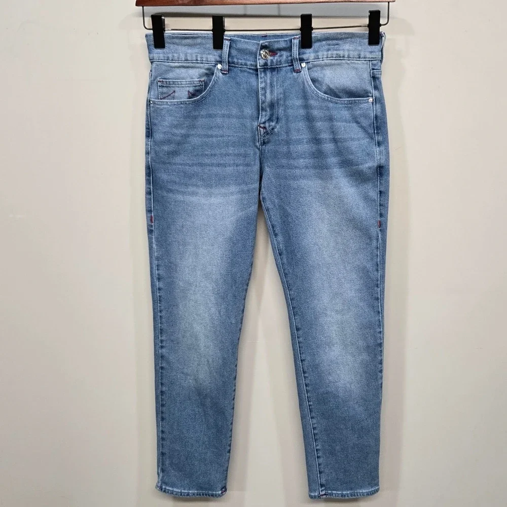 True Religion Geno Relaxed Slim Jeans 34 Light‎ Wash Red Stitch Logo Streetwear